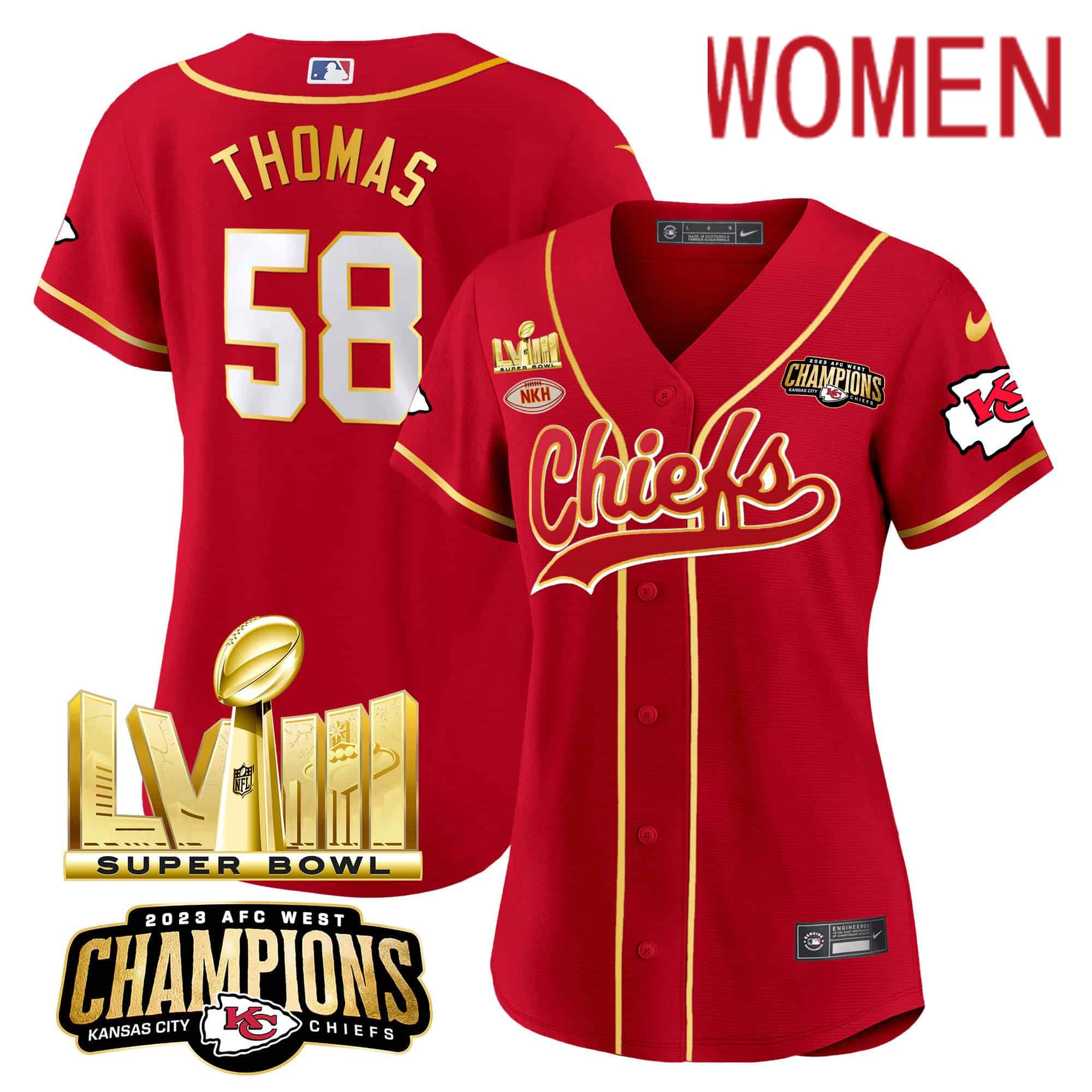 Women Kansas City Chiefs #58 Thomas Red 2024 Nike Super Bowl LVIII Back-2-Back Gold Patch Baseball NFL Jersey
